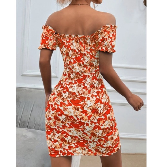 Boho green Floral Print Off Shoulder Bodycon Dress - Picture 6 of 16